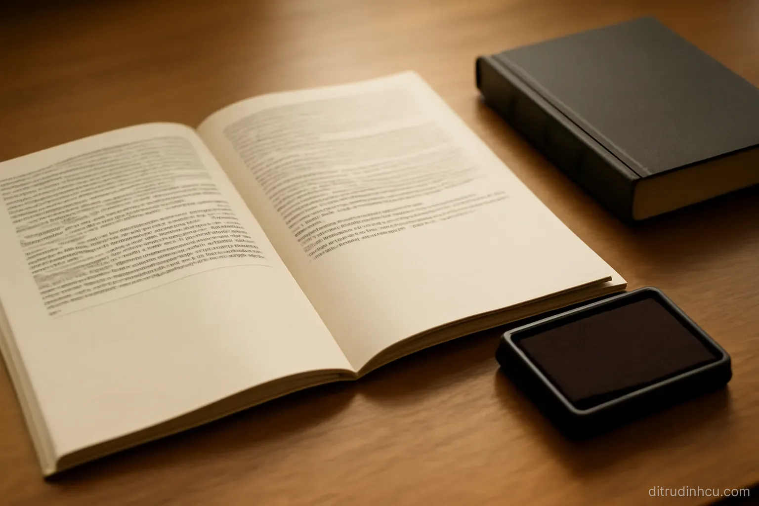 a bilingual document lying open on a desk beside a stamp pad and a closed dictionary, warm side light