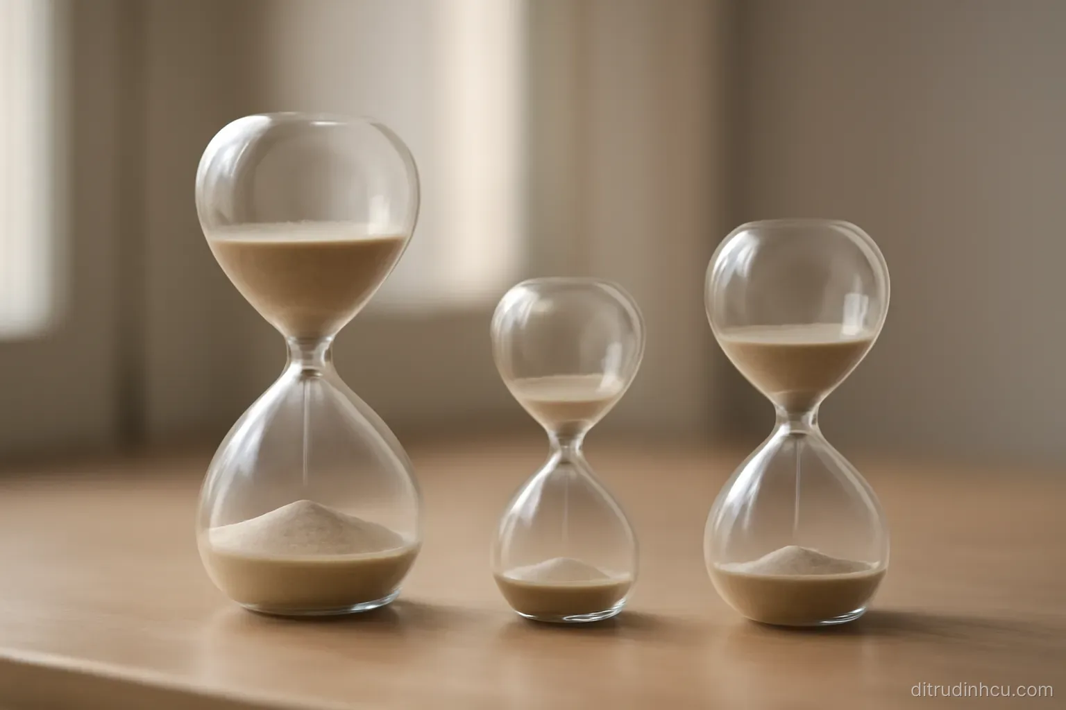 three small hourglasses of different sizes standing in a row on a shelf with sand at different levels