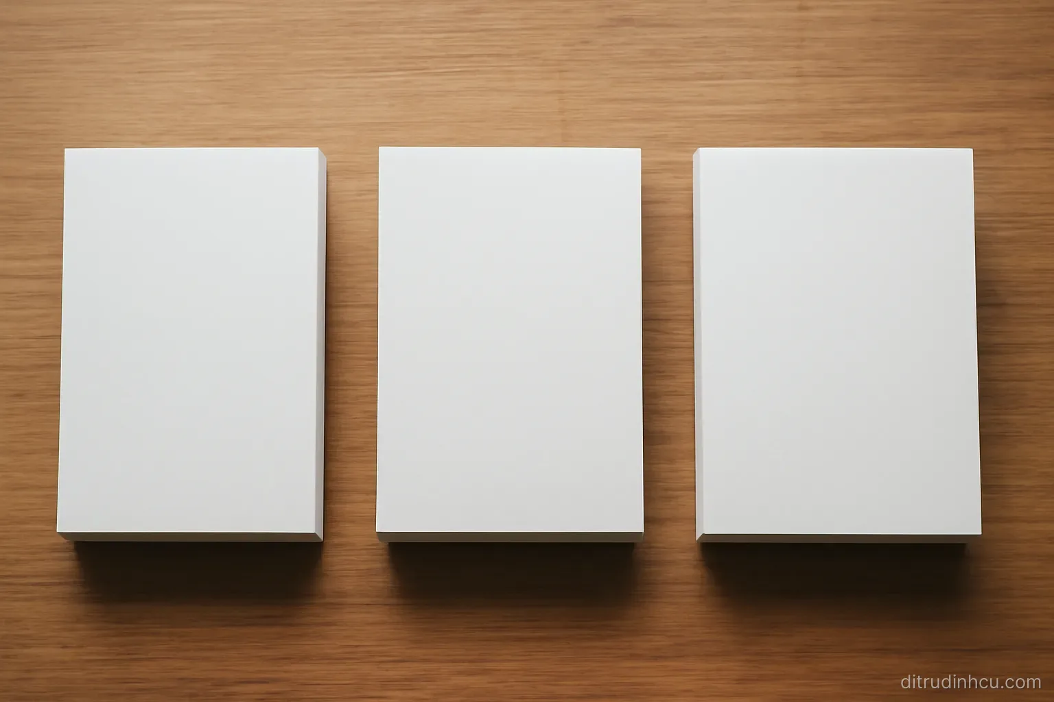 three thin paper stacks laid out in a row on a table, one slightly thicker than the others, seen from directly above