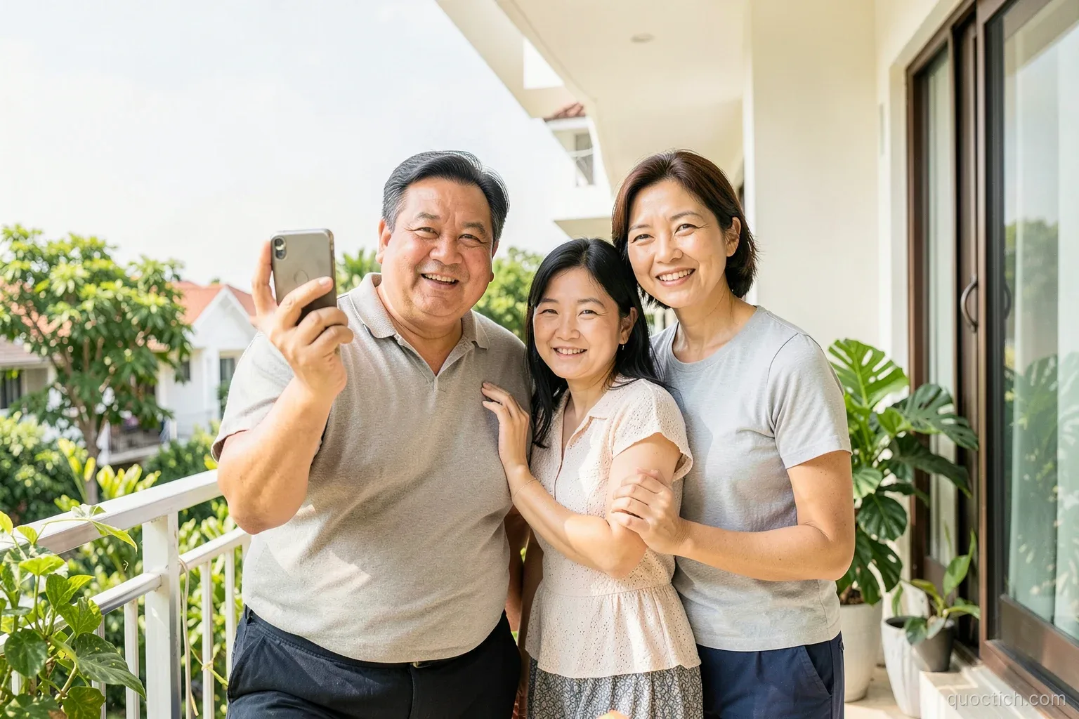 Vietnamese family of four taking a last photo together on the balcony of their bright townhouse in a leafy Thu Duc neighborhood, medium shot, warm white walls and green plants, sunny afternoon