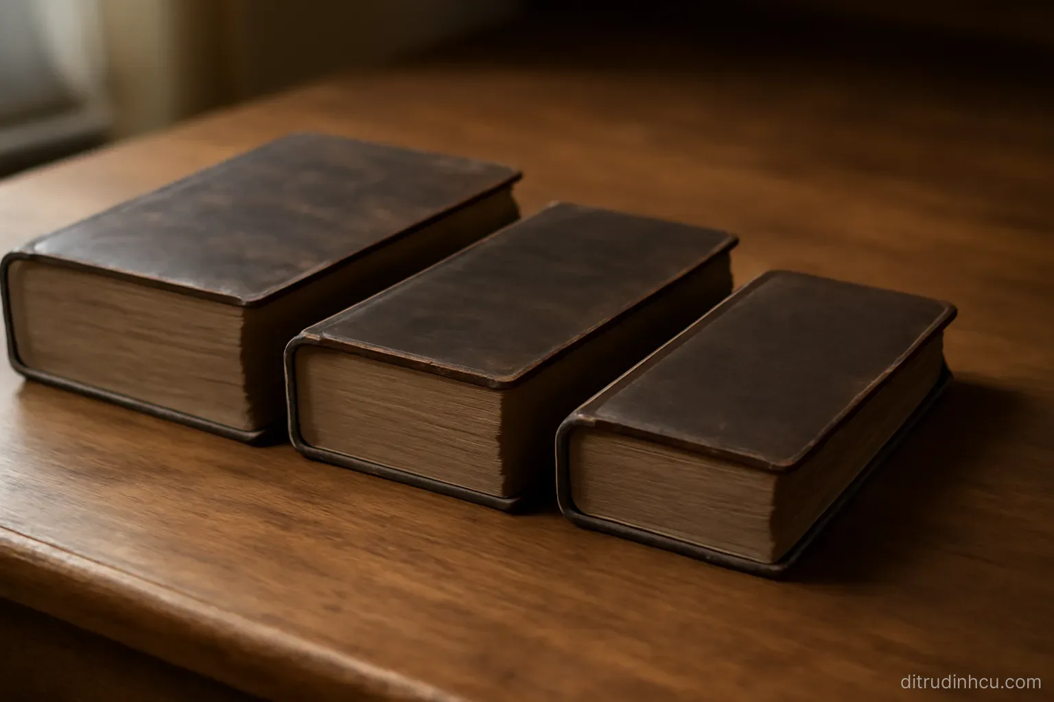 four old registry books of different thickness lying closed side by side on a wooden counter in soft light