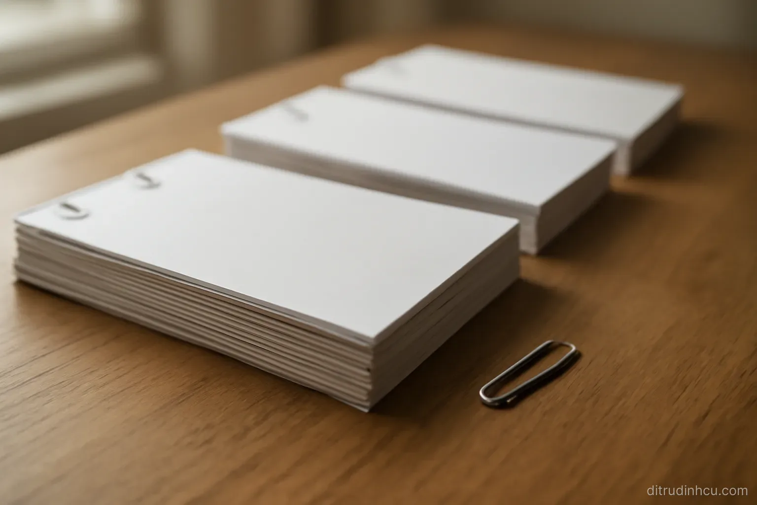 four bound sets of printed statements stacked in a row on a desk with a paperclip resting beside them
