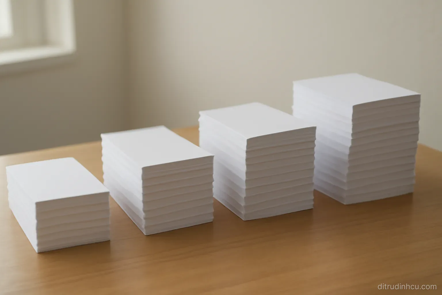 four neat stacks of paper of different heights arranged in a row across a plain wooden table in daylight