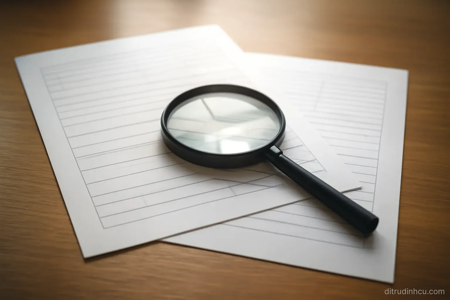 two similar paper forms laid overlapping on a desk with a magnifier resting across the join between them