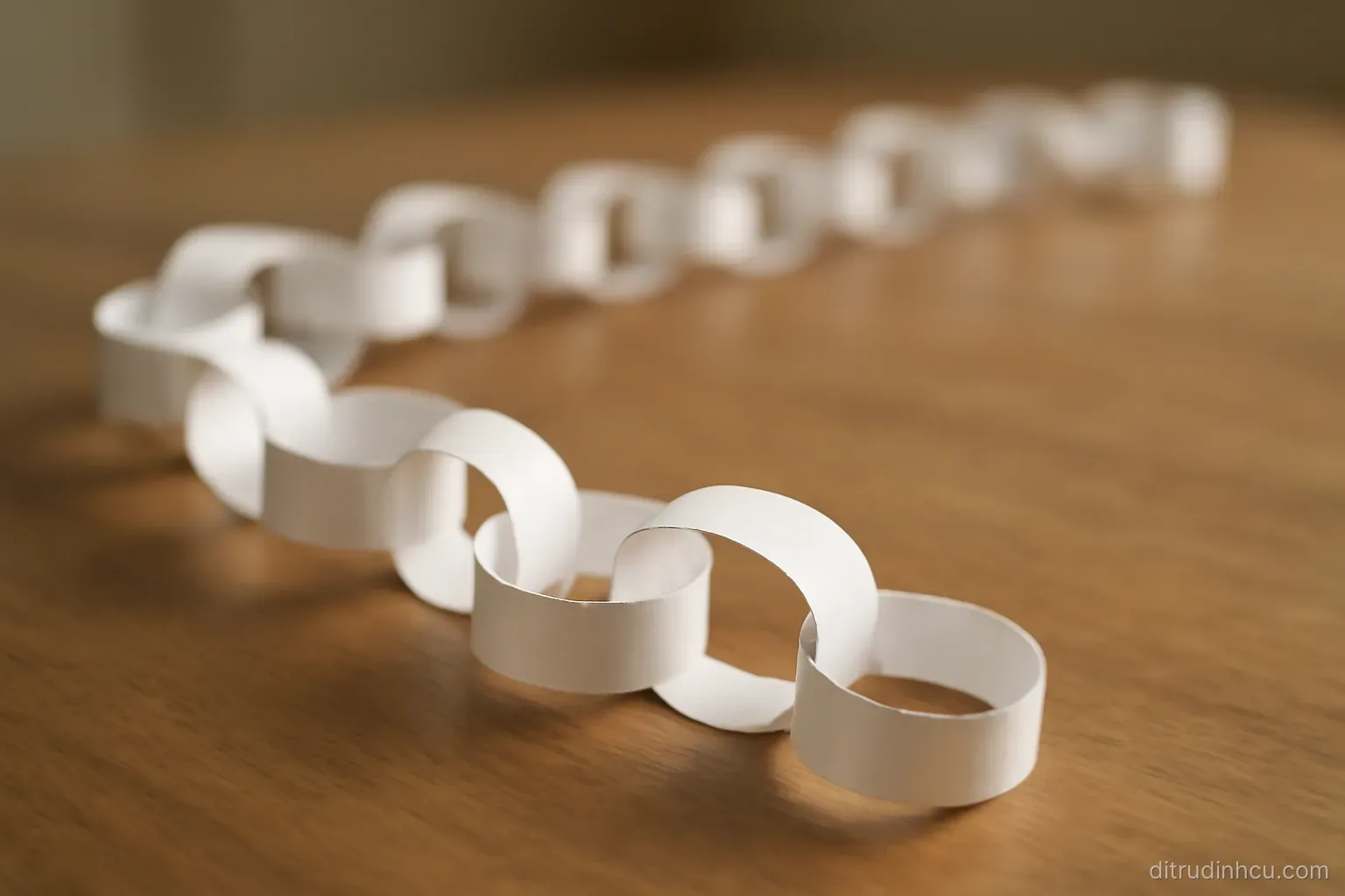 a paper chain of linked rings laid out on a table with one ring in the middle left open