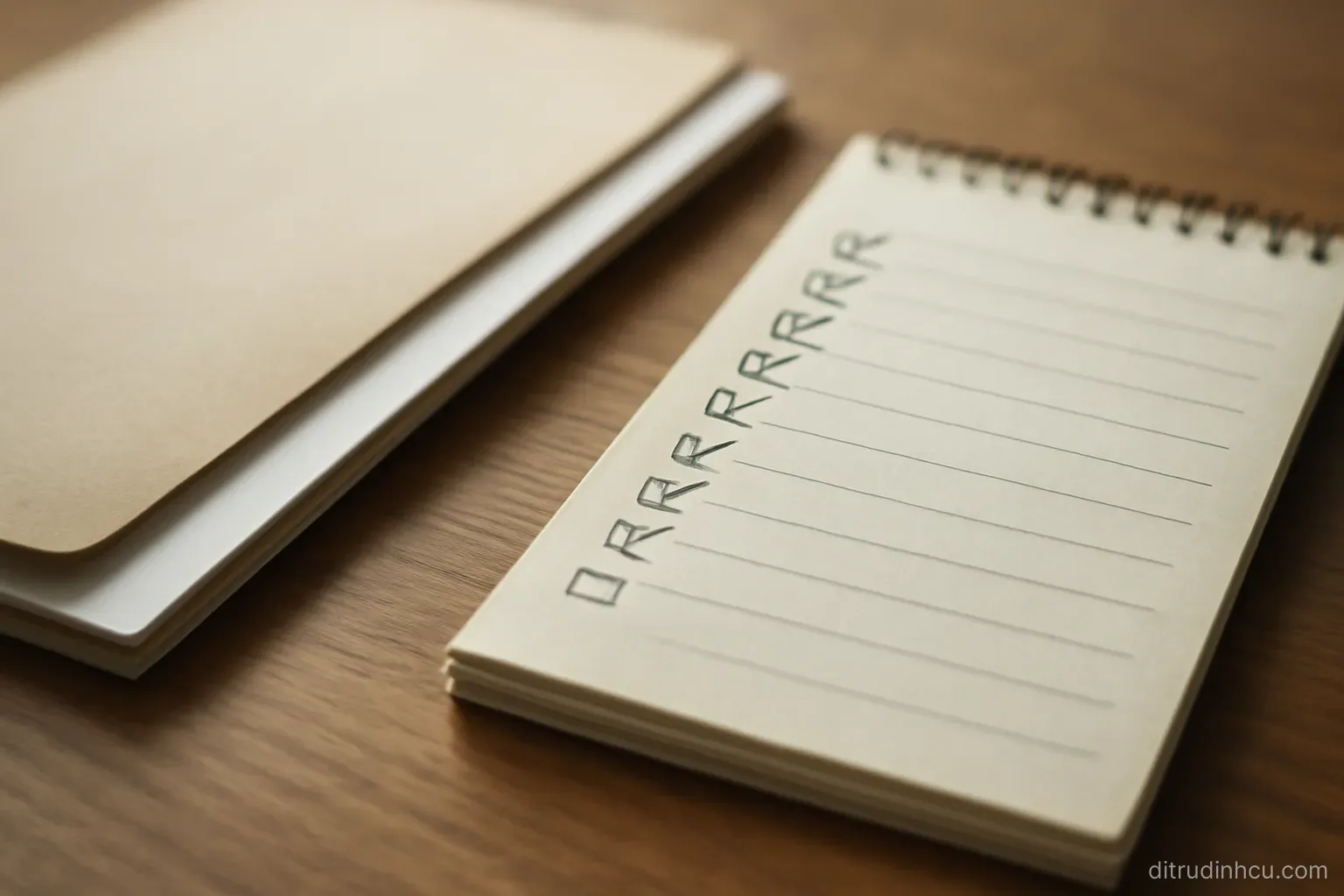 a handwritten checklist on a notepad with several rows ticked off, lying next to a half-filled document folder