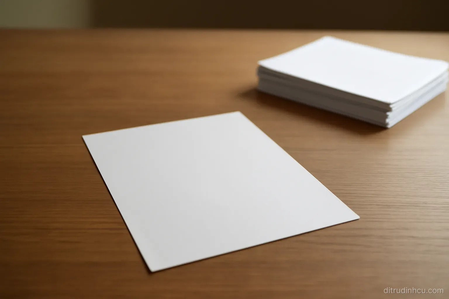 a single sheet of paper set apart on a desk some distance from a neat pile of other documents, plain even lighting
