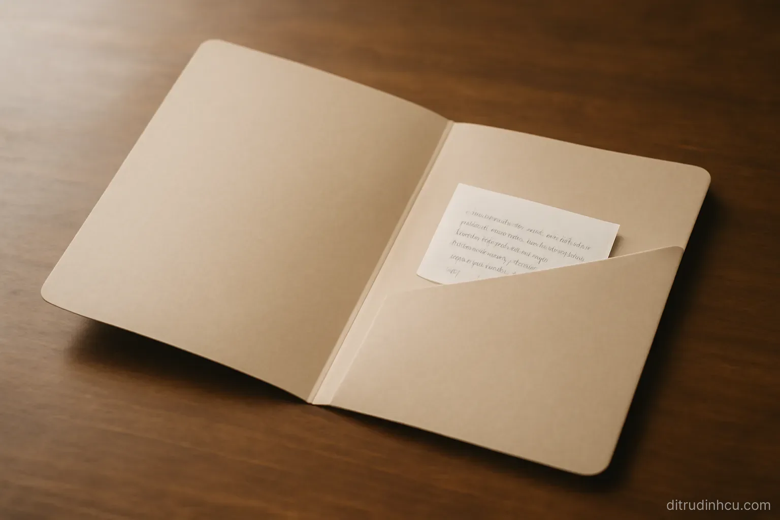 an empty document slot in an open folder with a short handwritten note tucked where a paper would normally sit