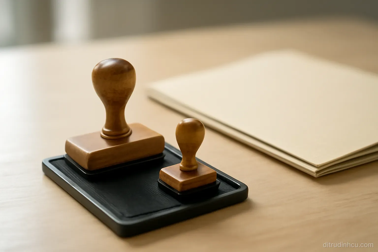 two rubber stamps of different sizes lying on an ink pad beside a closed paper folder on a desk