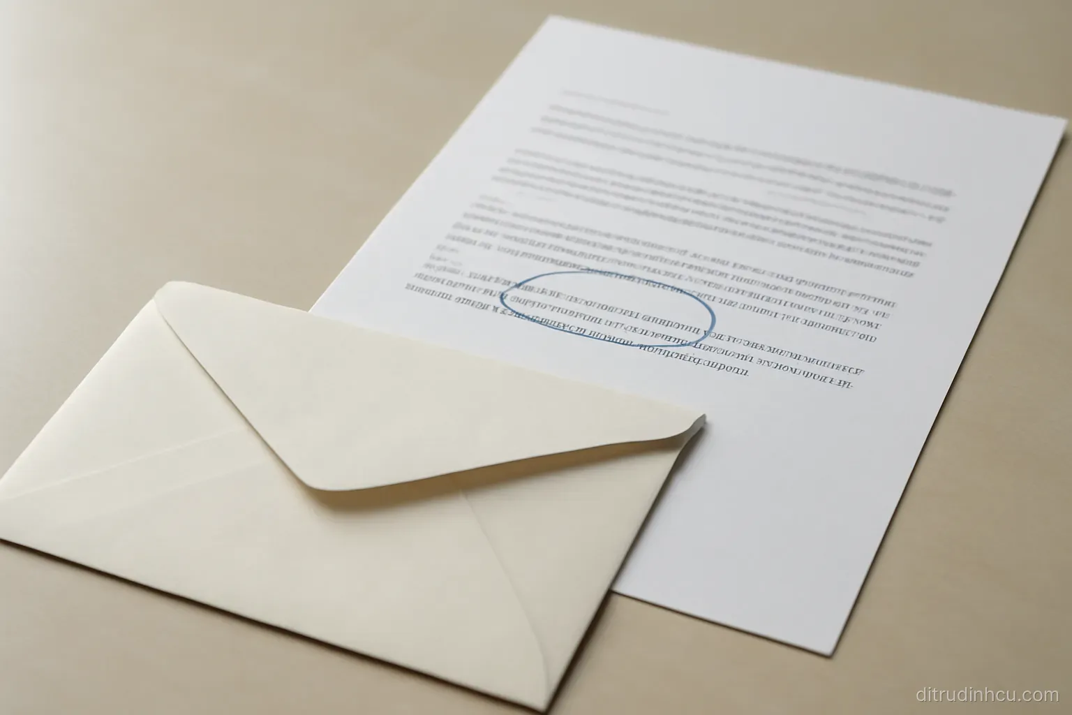 an opened envelope beside a printed letter with one paragraph circled in pen on a plain desk surface