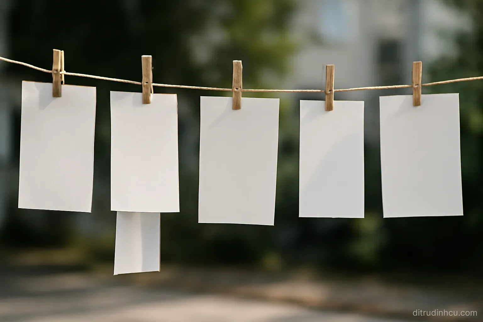 a row of paper documents pinned along a string like laundry, each hanging at a different height in daylight