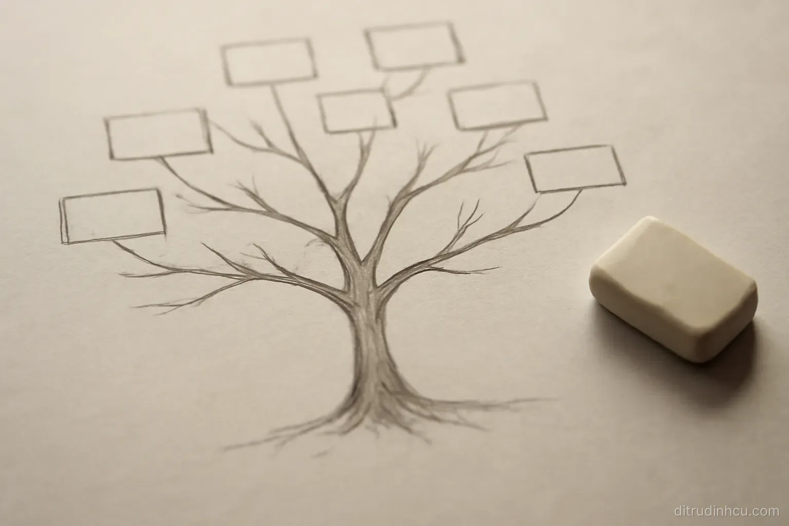 a family tree diagram sketched in pencil on plain paper with several branches left unlabelled and an eraser beside it