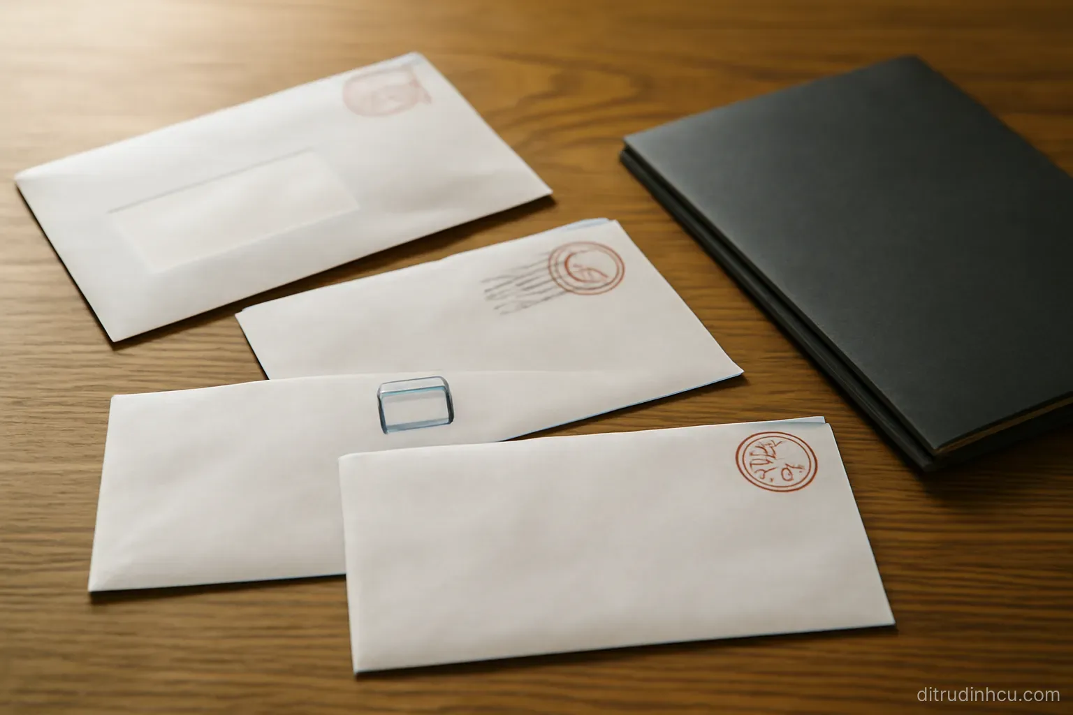 several paper envelopes with different postal markings spread across a wooden table beside a closed document folder
