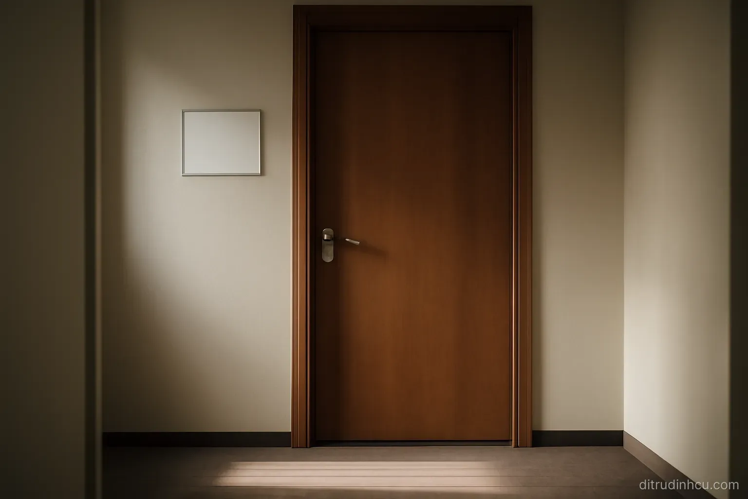 a closed office door with a nameplate holder beside it left empty, corridor light falling across the floor