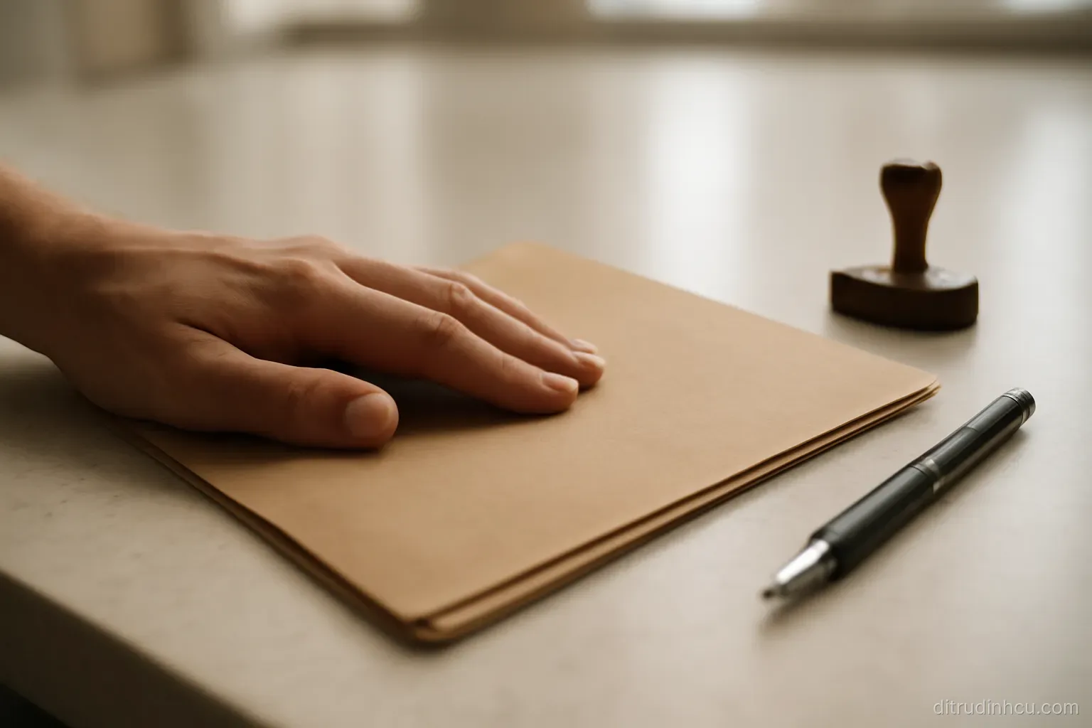 a hand resting on a closed document folder on a counter with a pen and a small stamp lying nearby
