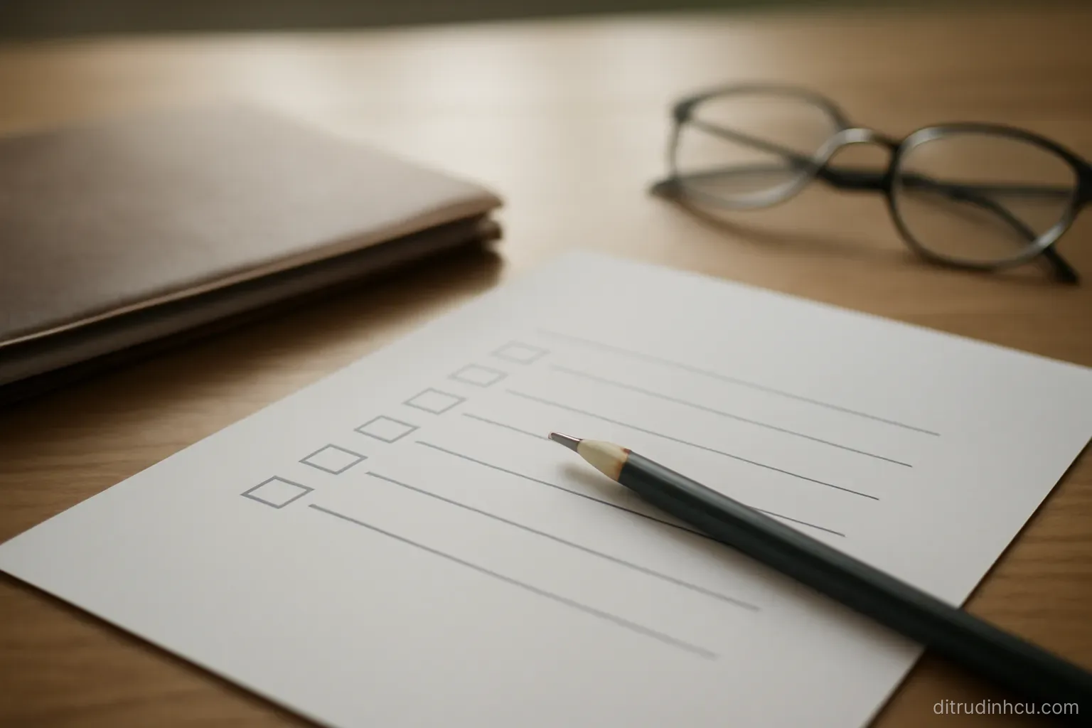 a pencil resting on a checklist page beside a closed folder and a pair of reading glasses on a desk