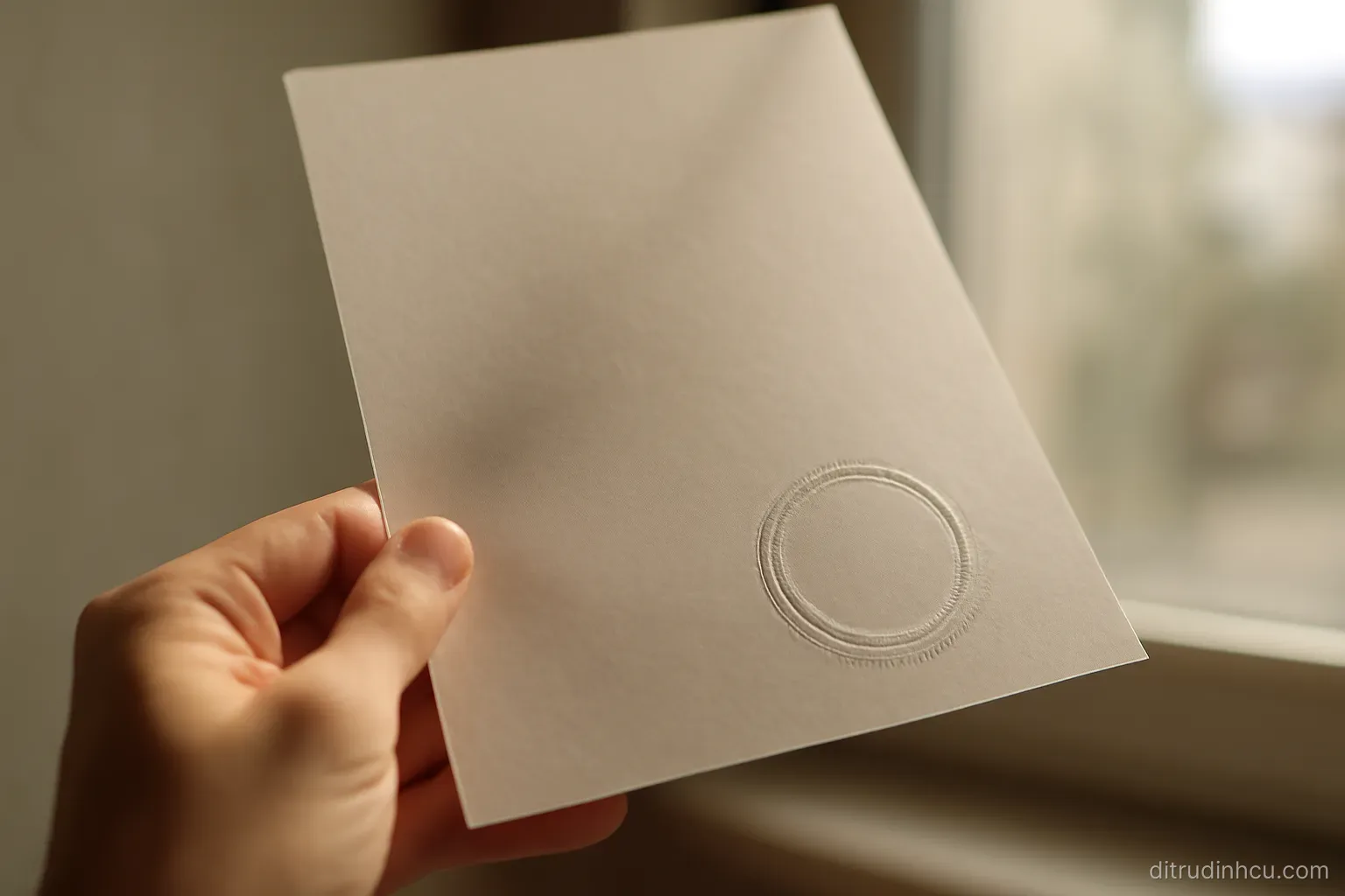 a hand holding a document up to the light to inspect an embossed seal near the bottom corner
