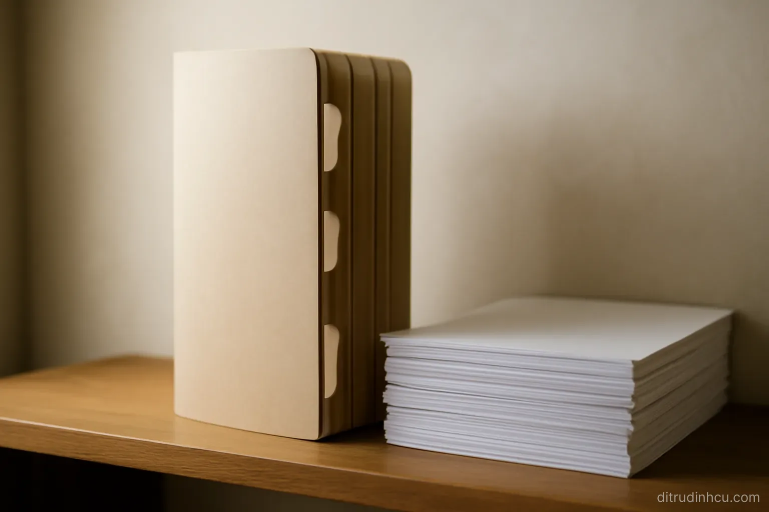 a slim folder with tabbed dividers standing upright on a shelf beside a neat stack of loose printed pages
