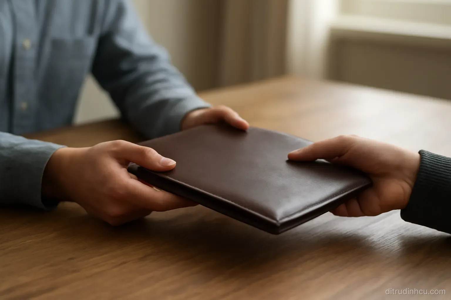 a document wallet being handed across a wooden table between two pairs of hands, with neither face visible in the frame