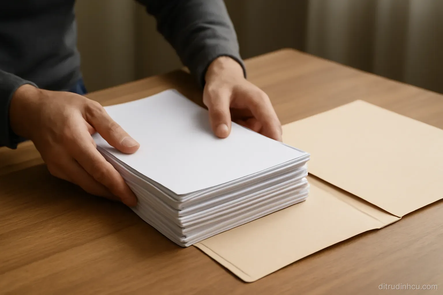 a stack of documents being squared up by two hands on a table beside an empty folder lying open