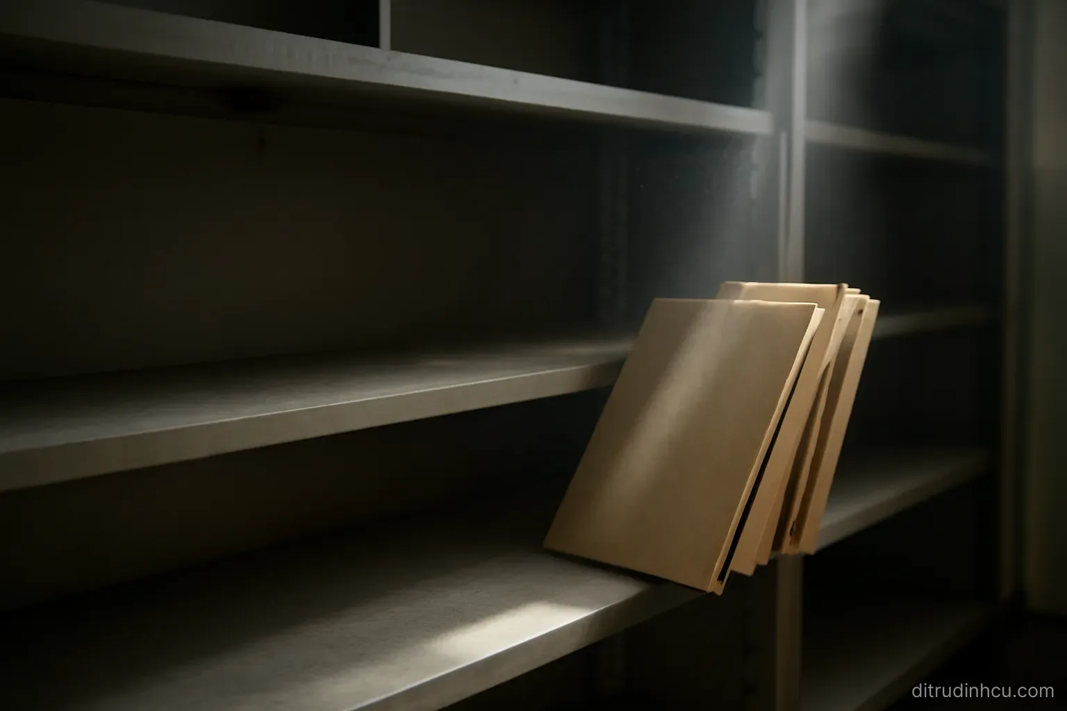 an empty archive shelf with a few loose folders leaning at the end and dust visible in a shaft of light