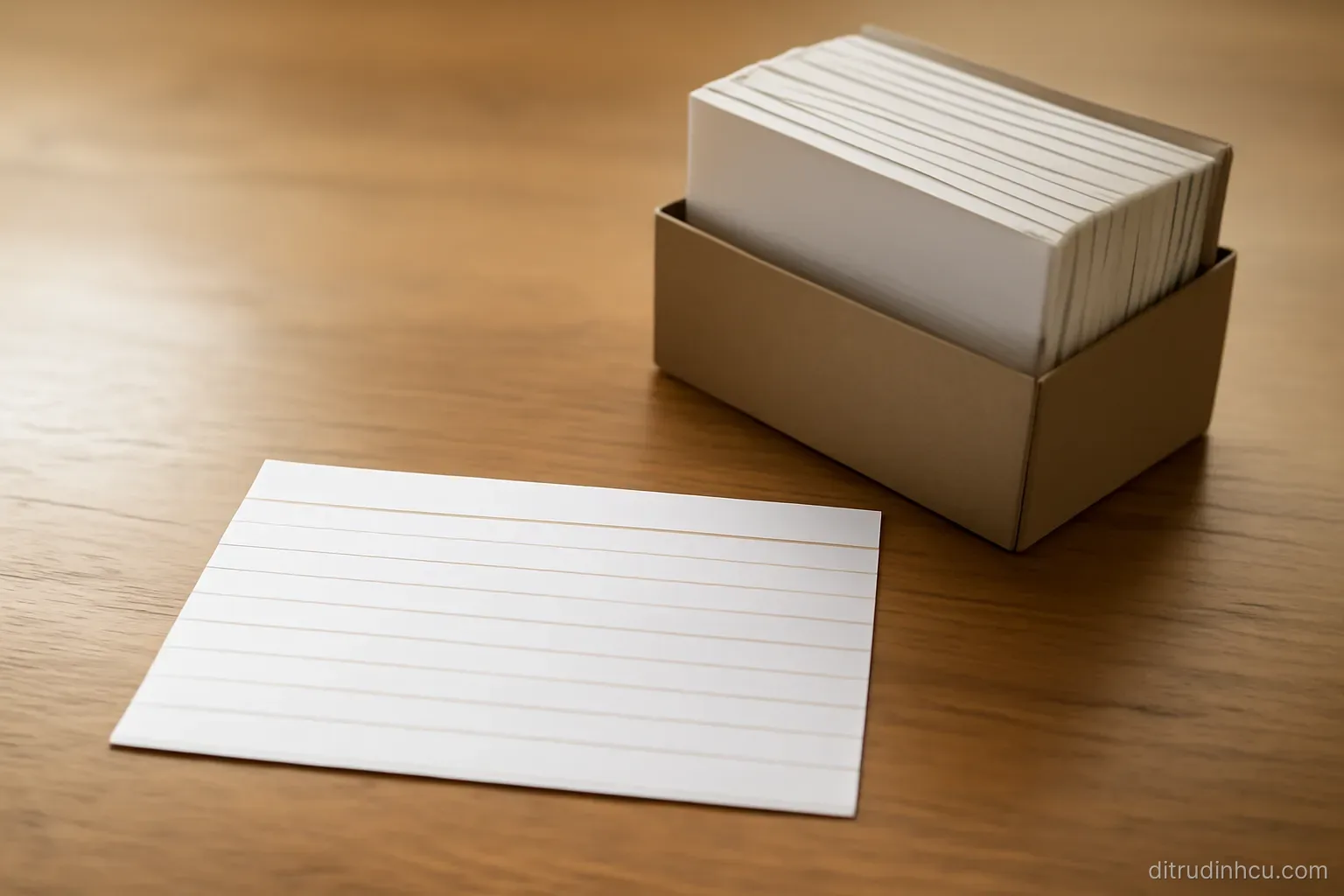 a blank index card lying on a desk beside a small box of similar cards standing upright in rows