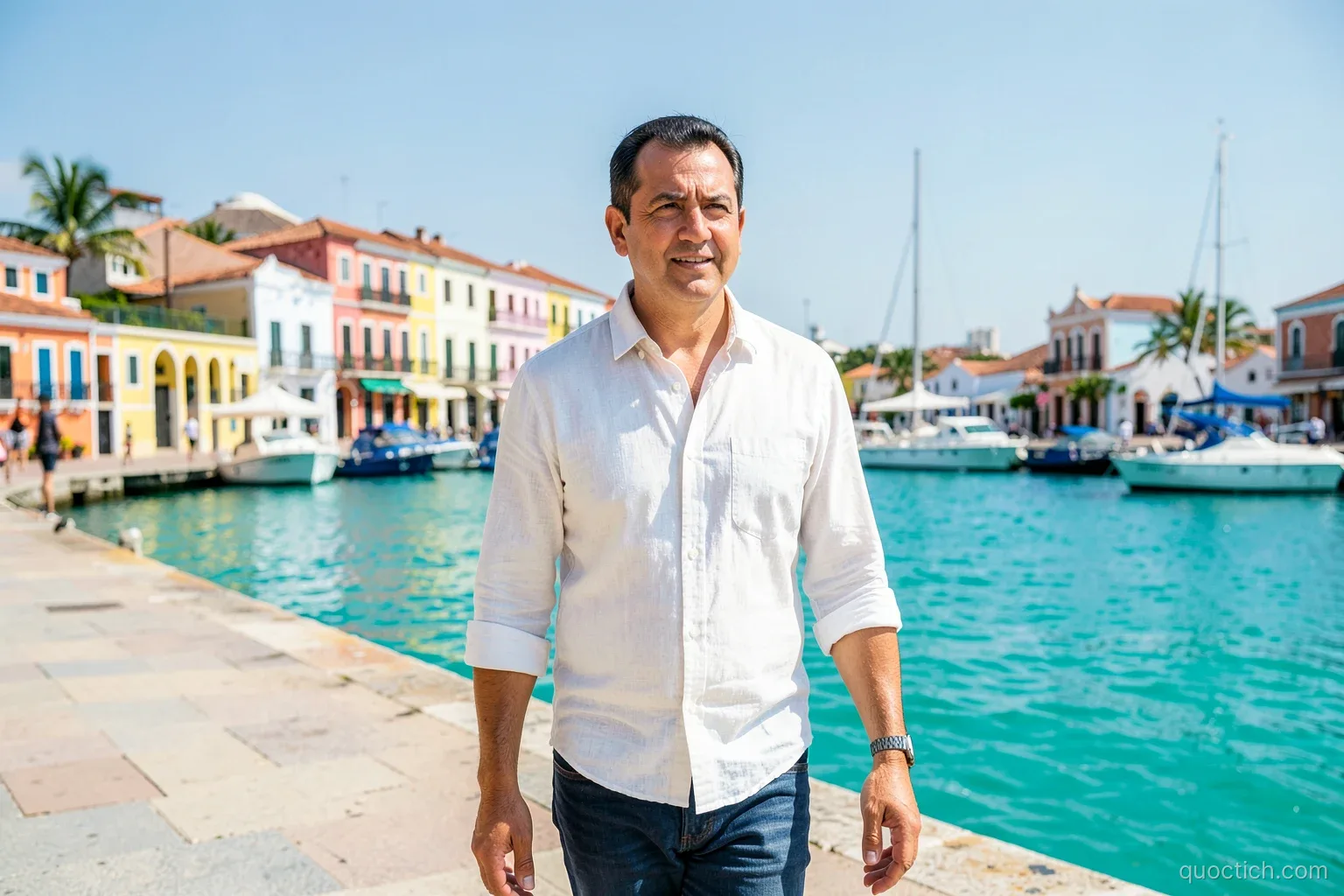 Vietnamese businessman in a light linen shirt walking along the colorful waterfront of the Carenage harbor in St. George's, Grenada, wide shot, turquoise water, bright morning sun