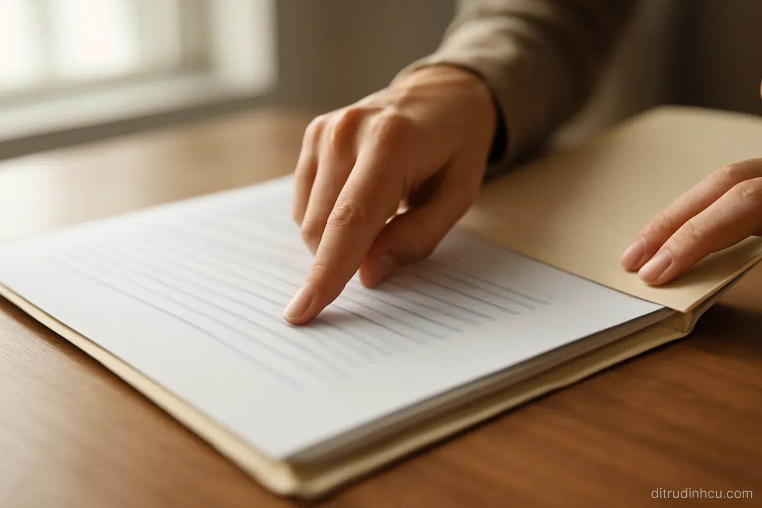 a finger tracing down a list on one page while the other hand holds an open folder of papers on a desk