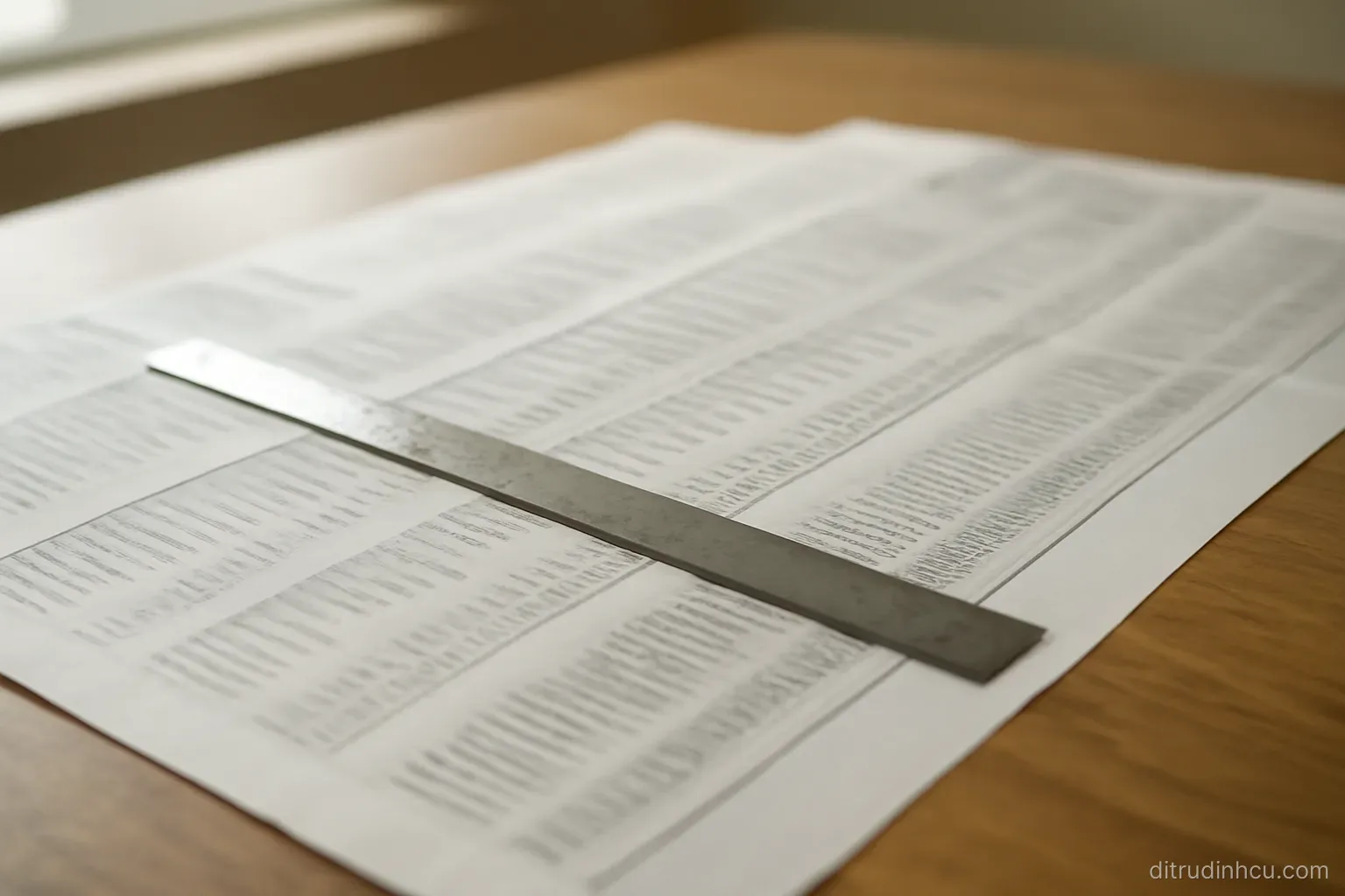 a long printed statement unfolded across a table with a ruler laid along one column of figures