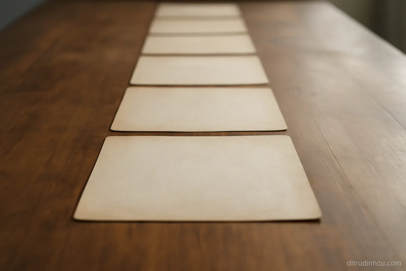 a row of dated paper slips laid end to end across a long table with two visible gaps between them
