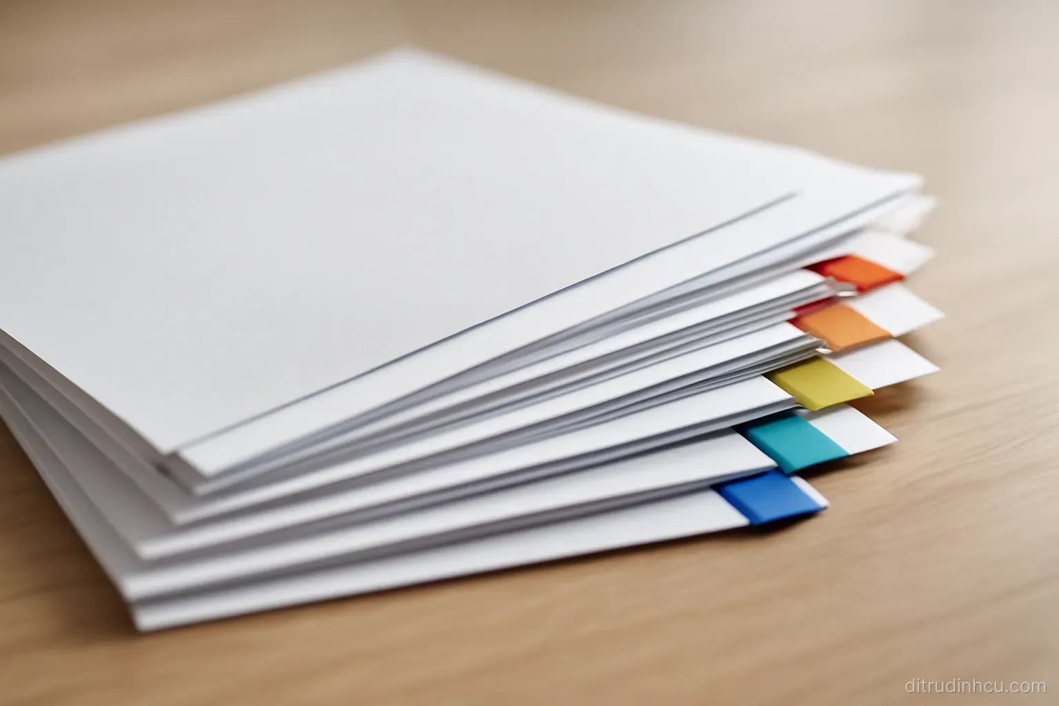 a set of paper documents arranged in a fan on a desk with small coloured tabs marking each one