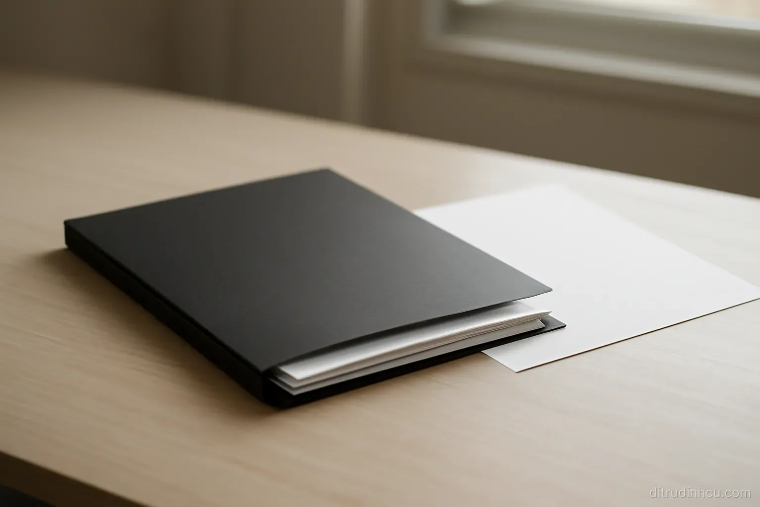 a slim folder holding a few pages with a separator sheet between them, placed on a clean desk beside a letter