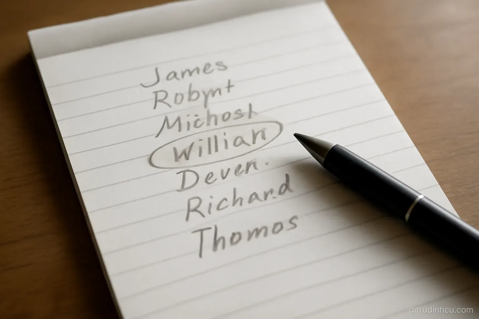 a handwritten list of name variants on a notepad with one line circled in pencil, pen lying across the page