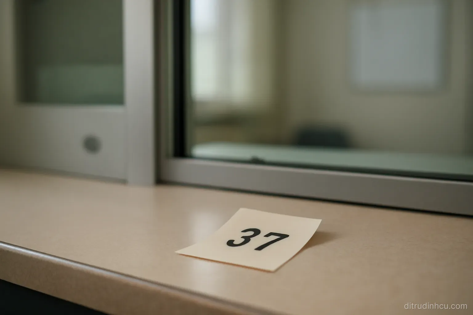 a queue ticket lying on a counter beside a closed glass service window in an empty public office