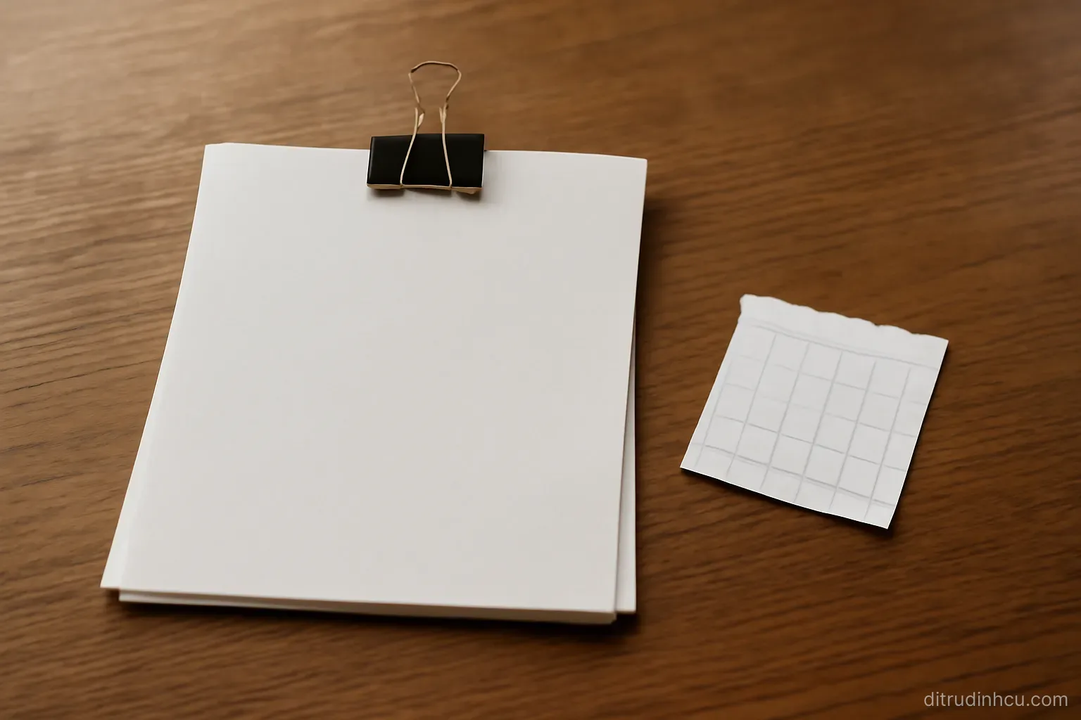 two sheets of paper clipped together on a wooden desk with a small torn calendar page lying beside them