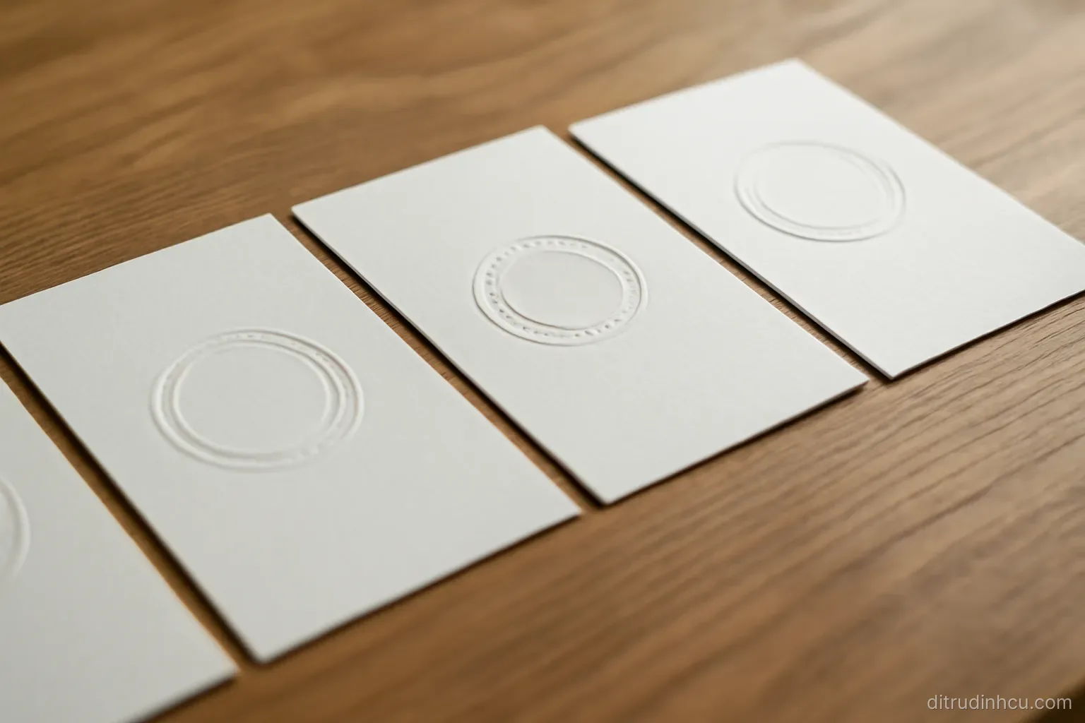 a row of paper sheets each bearing a different embossed seal arranged in sequence along a wooden table