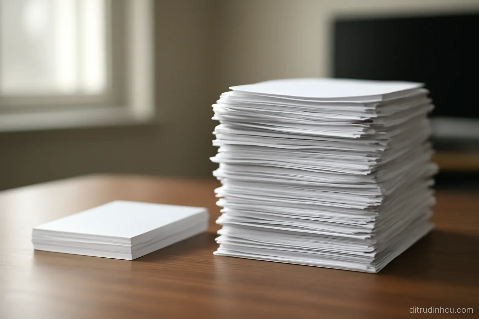 two paper stacks of very different thickness sitting side by side on a desk, one neat and thin, one overflowing