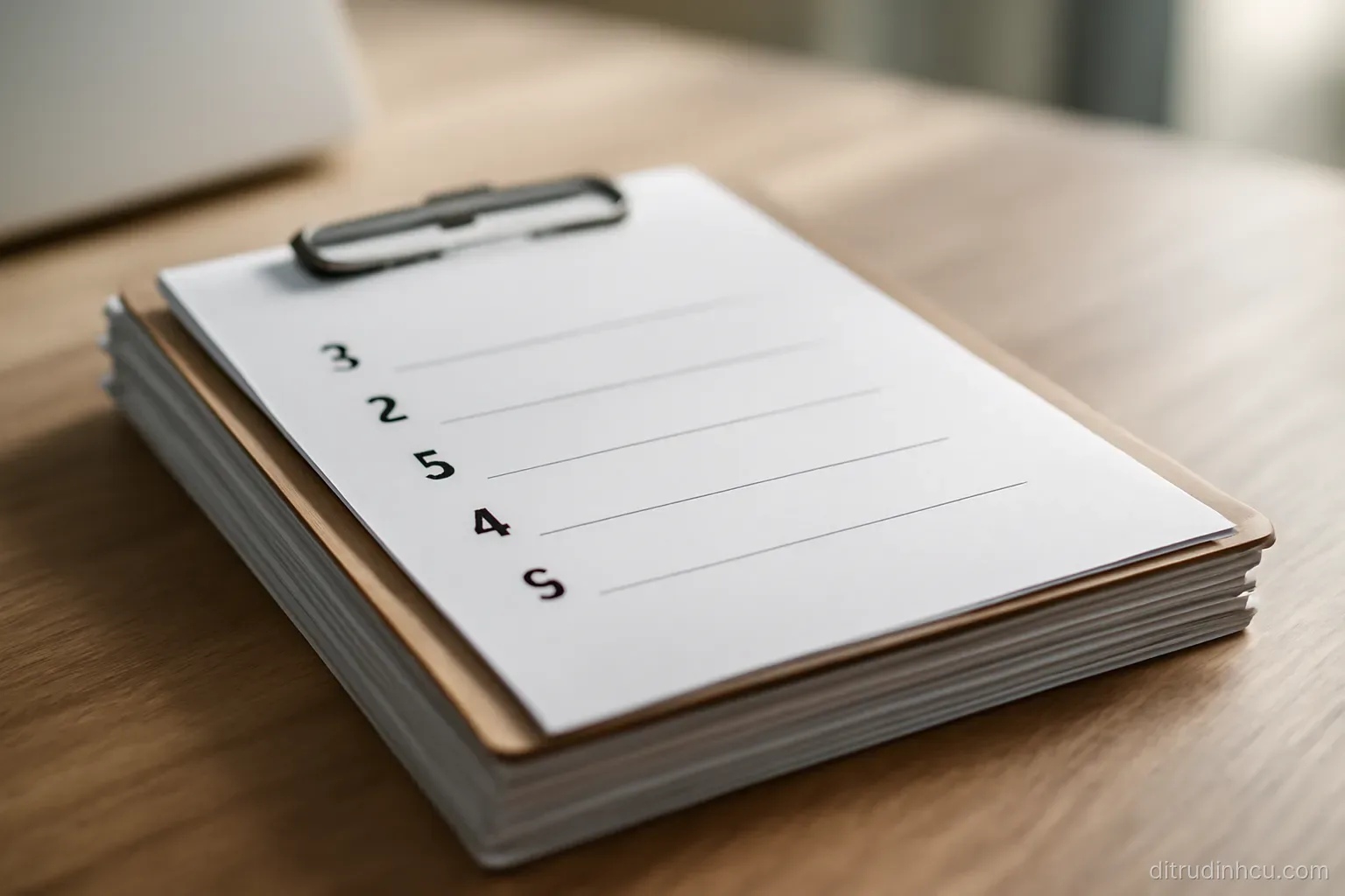 a single printed page with a numbered list clipped to the front of a thick document set on a desk