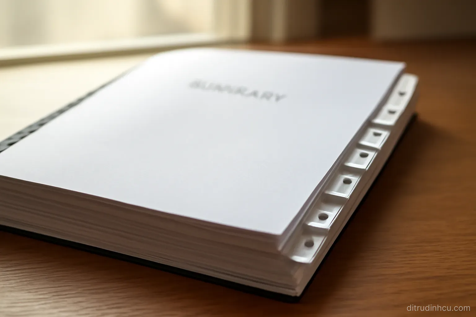 a thick document set with numbered tabs along the edge lying open at a summary page on a desk