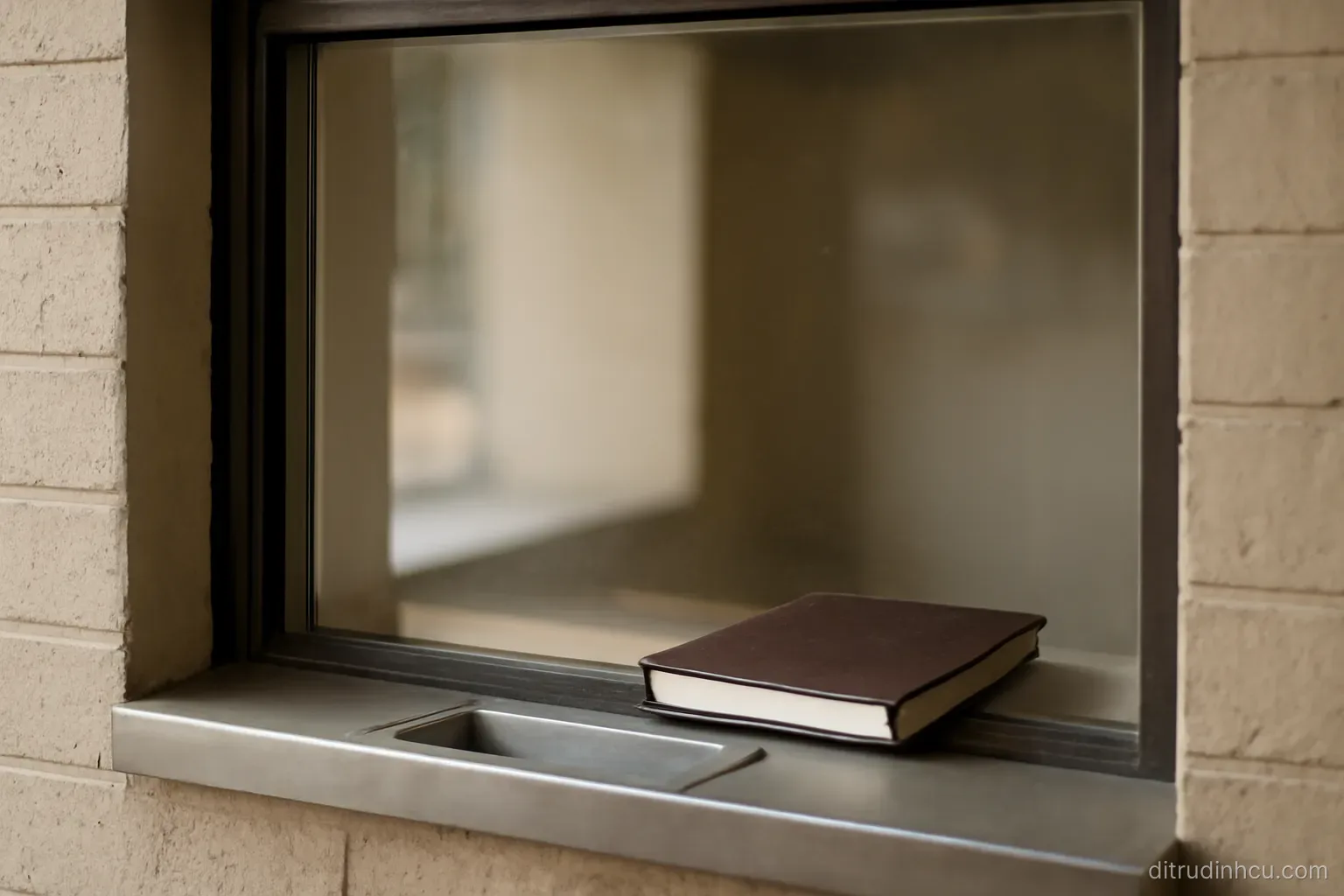 a service counter window with a small metal tray underneath it and a closed ledger lying on the sill inside