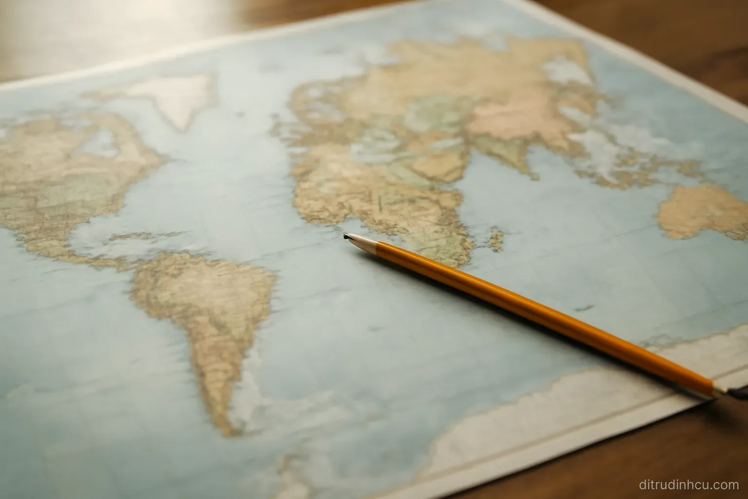a world map spread flat on a table with a pencil resting across it and no markings visible on the paper