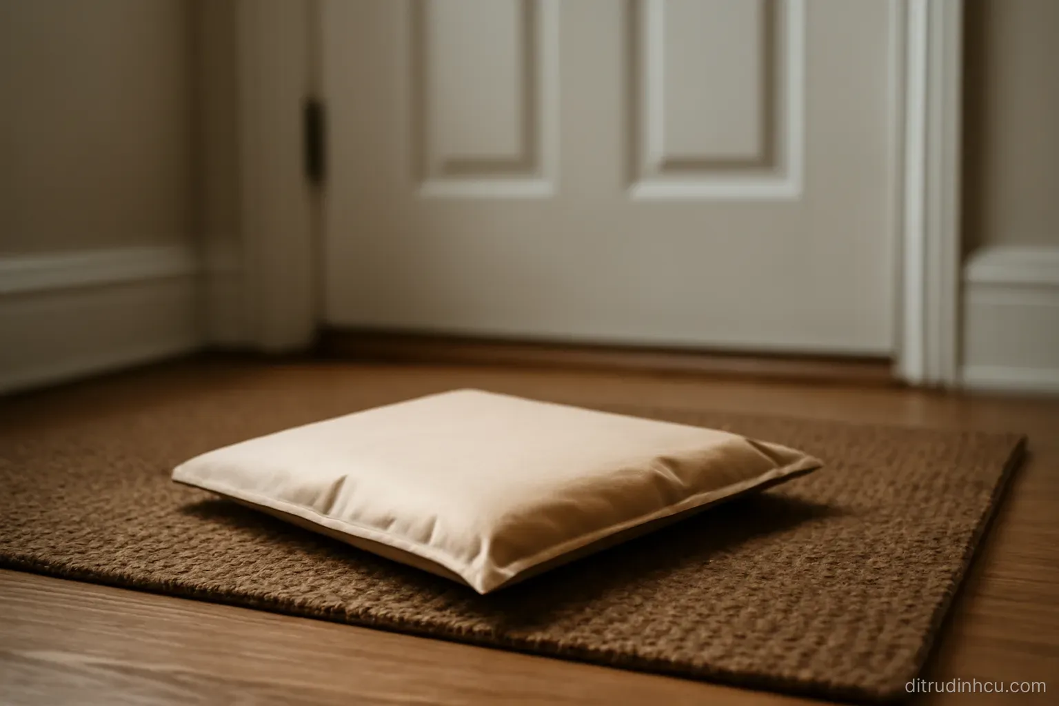 a sealed courier envelope lying on a doormat inside a hallway with a closed front door behind it